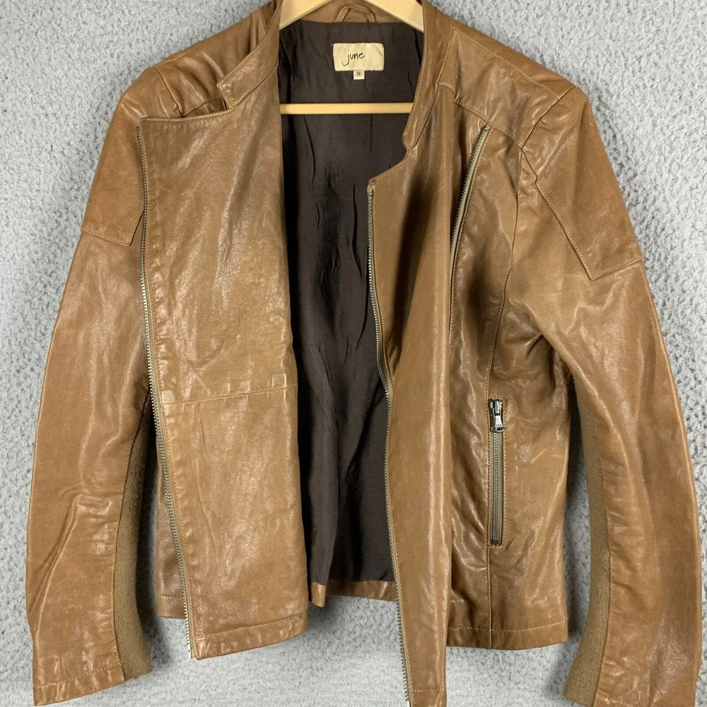 June Moto Jacket Women Small‎ Leather Brown Anthropologie
